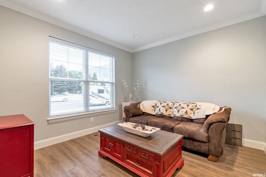 Living room with ornamental molding and light parquet floors