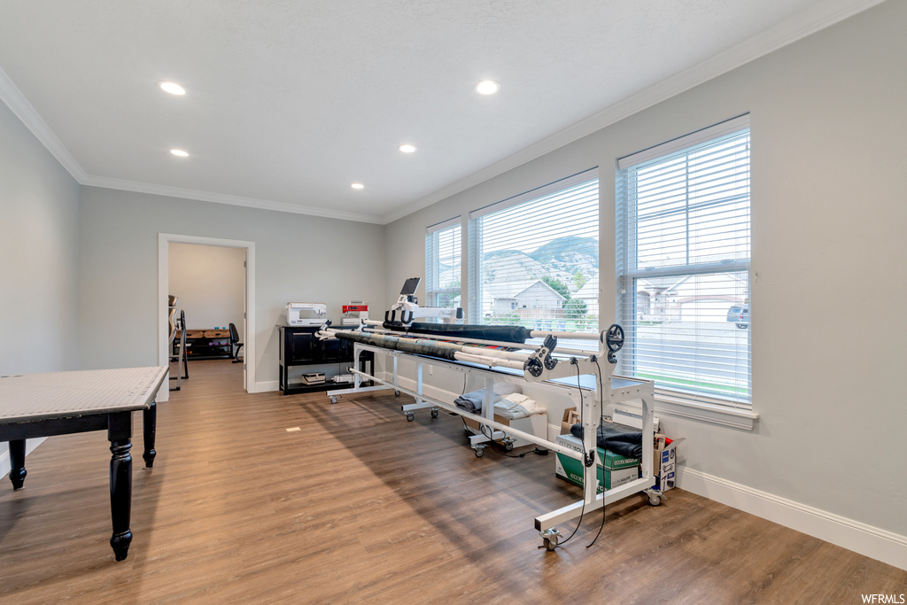 Interior space featuring light hardwood floors and crown molding