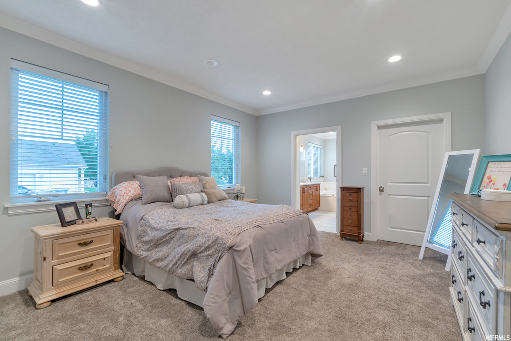 Carpeted bedroom featuring crown molding and multiple windows