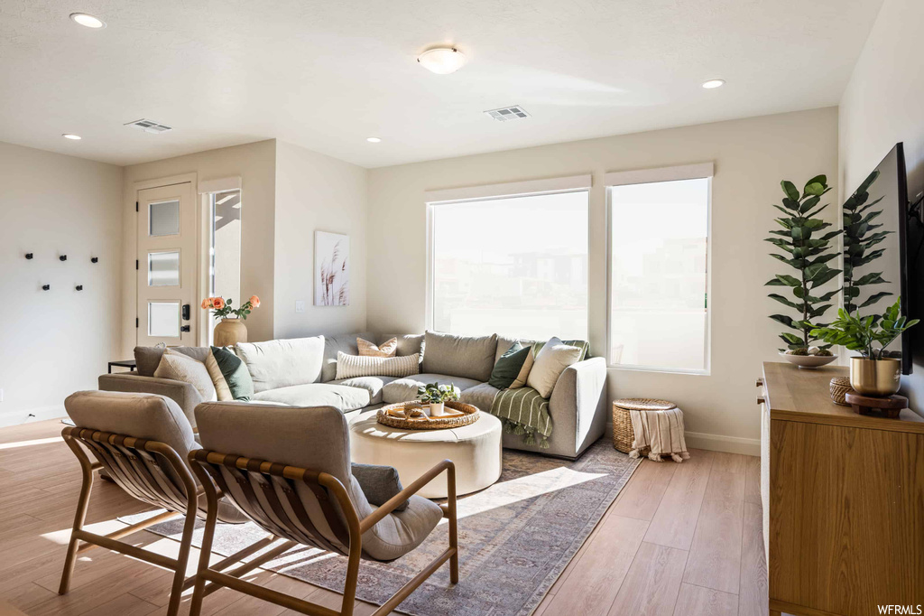 View of hardwood floored living room