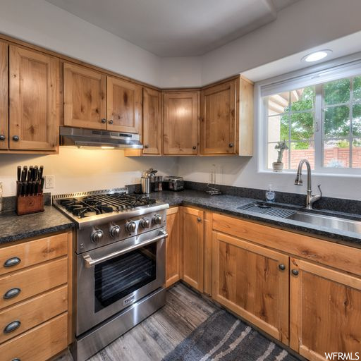 Kitchen with high end stainless steel range oven, dark countertops, brown cabinets, and dark hardwood floors