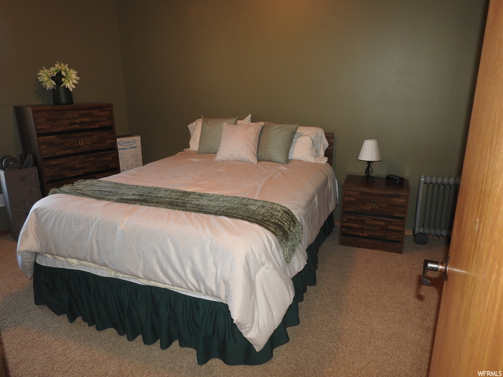 Bedroom featuring radiator and carpet flooring