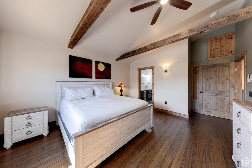 Bedroom featuring lofted ceiling with beams, connected bathroom, ceiling fan, and dark wood-type flooring