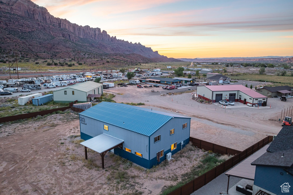 Aerial view at dusk with a mountain view