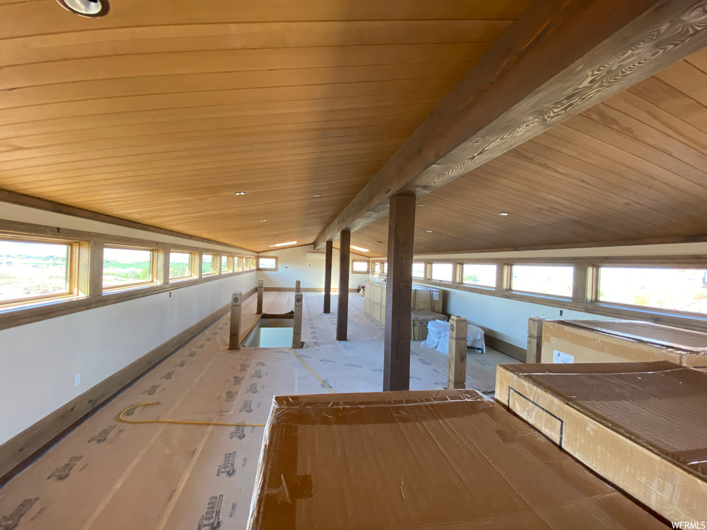 Additional living space with lofted ceiling, wooden ceiling, and a healthy amount of sunlight
