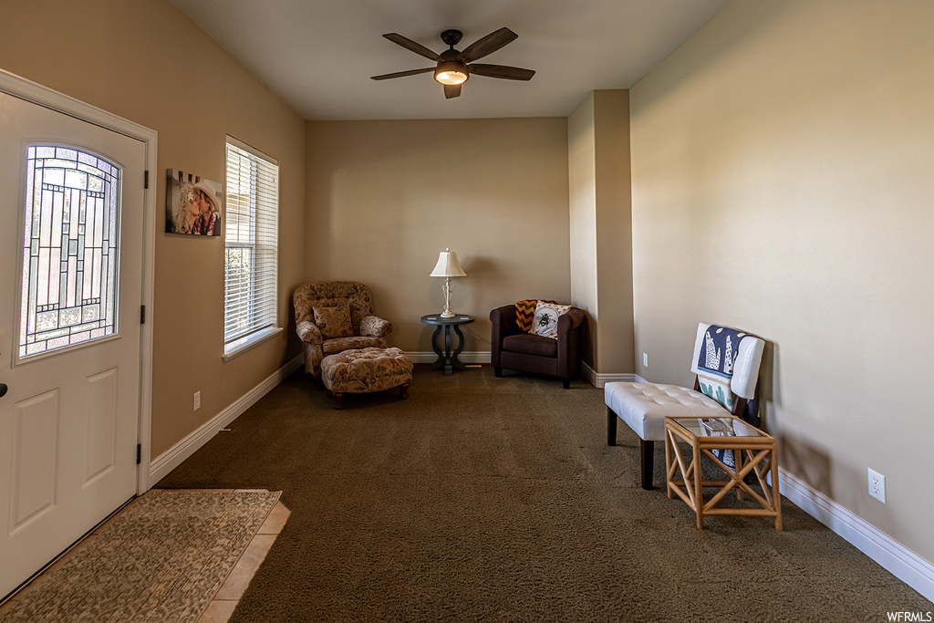 Living area with dark carpet and ceiling fan