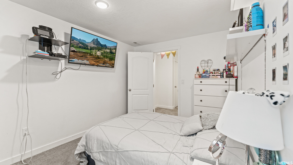 Carpeted bedroom featuring a textured ceiling
