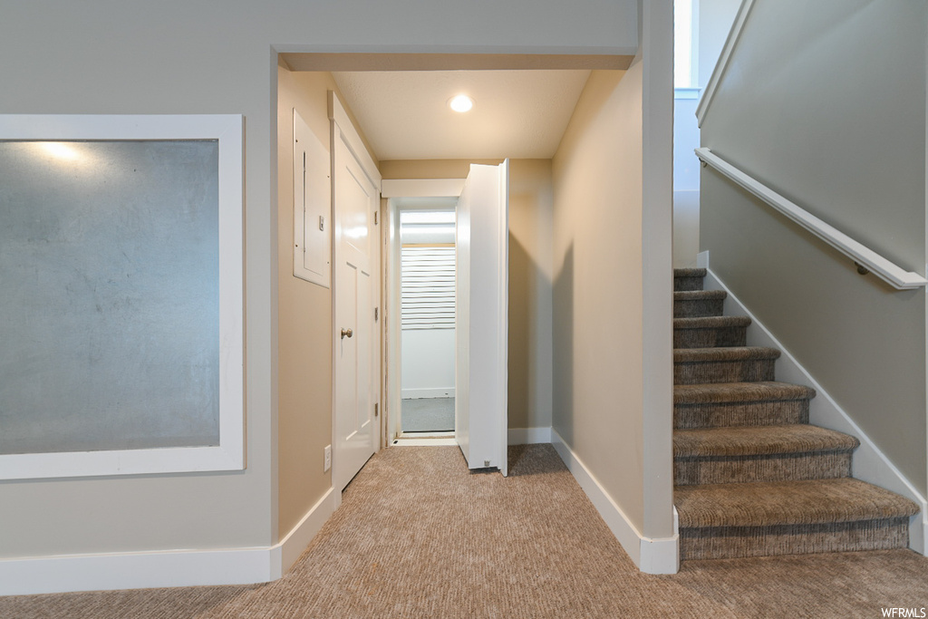 Stairway featuring light carpet