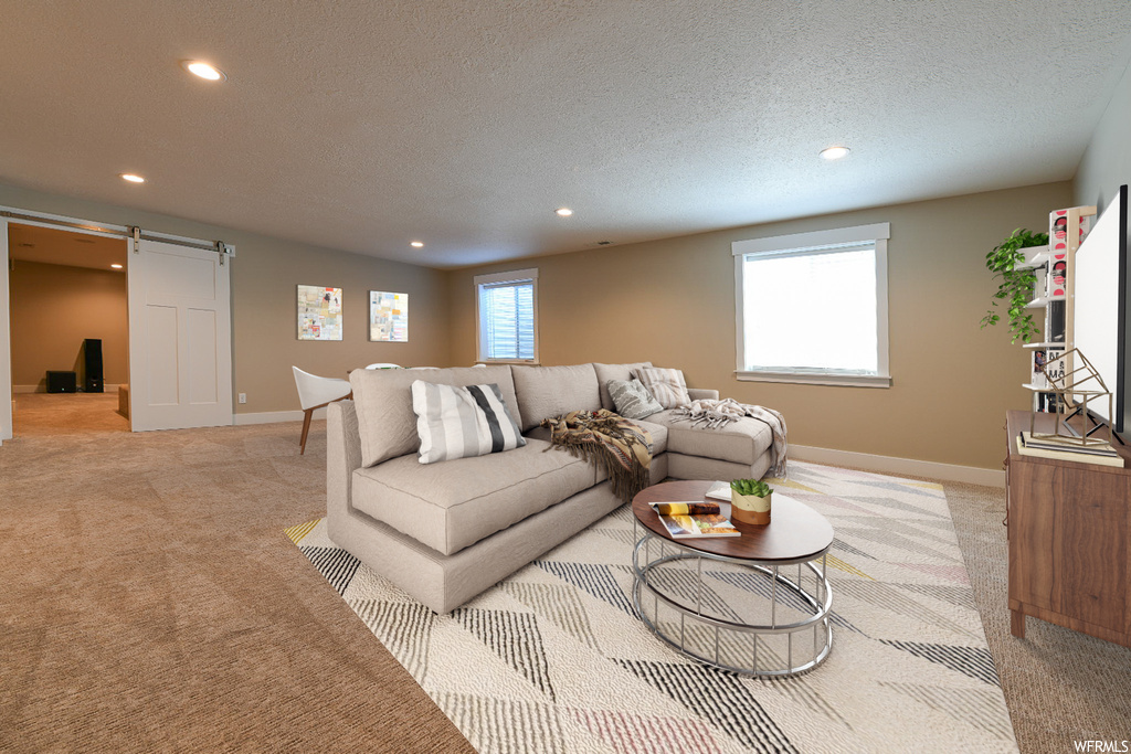 Living room with a textured ceiling and light carpet