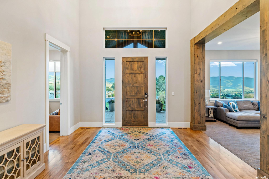 Foyer entrance featuring a high ceiling, a wealth of natural light, and light hardwood floors