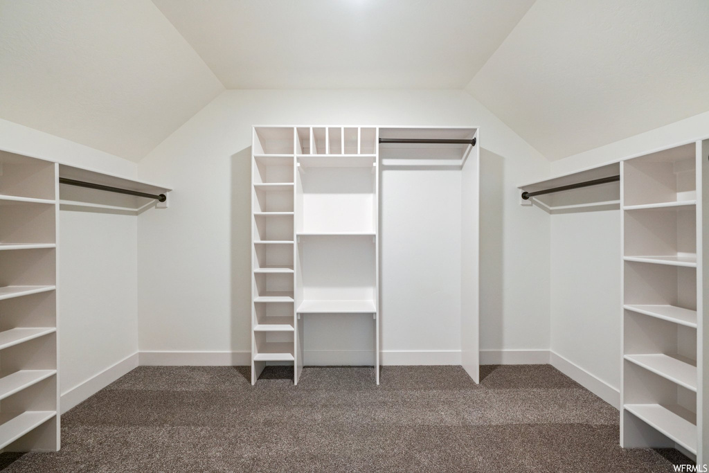 Wardrobe with dark carpet and vaulted ceiling