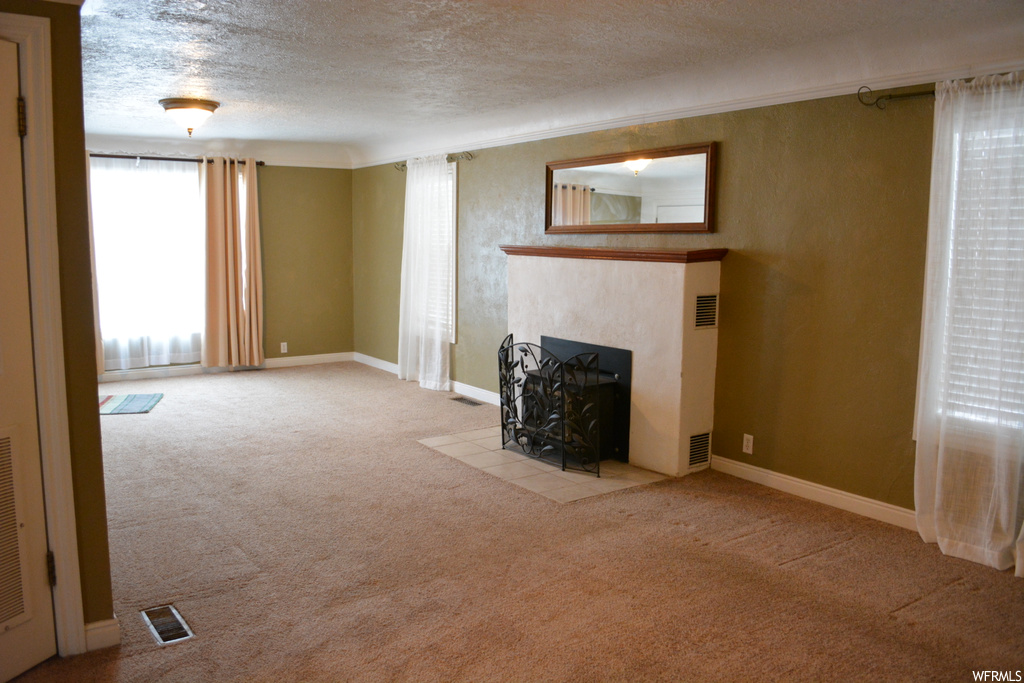 Unfurnished living room with light carpet and a textured ceiling