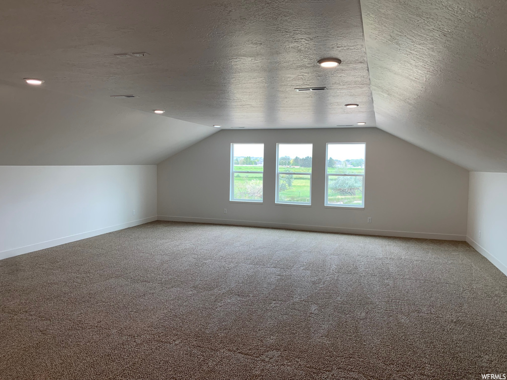 Additional living space featuring light carpet, lofted ceiling, and a textured ceiling