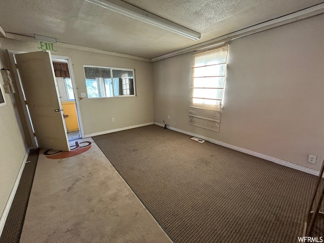Unfurnished bedroom with crown molding, carpet, and a textured ceiling