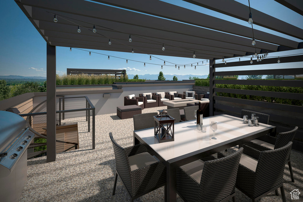 View of patio / terrace featuring a pergola, an outdoor living space with a fire pit, and a grill