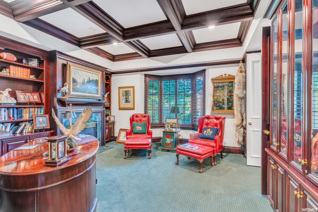 Sitting room featuring light carpet, coffered ceiling, beamed ceiling, and ornamental molding