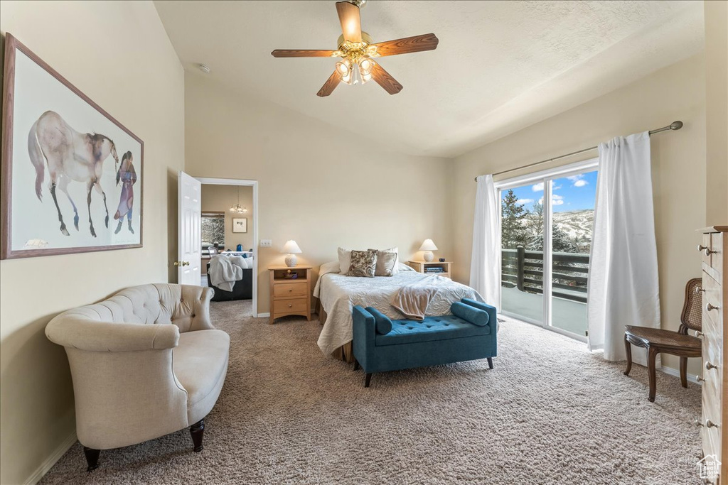 Bedroom featuring light colored carpet, high vaulted ceiling, ceiling fan, and access to outside