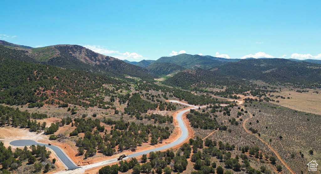 Extensive undeveloped land featuring a paved road, natural vegetation, and distant mountains