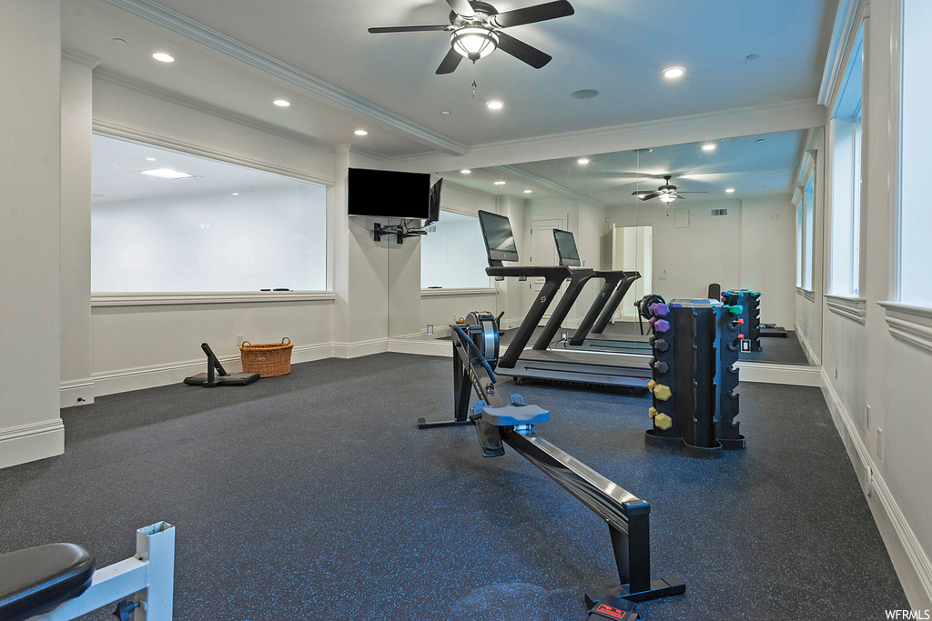 Exercise area with crown molding and ceiling fan