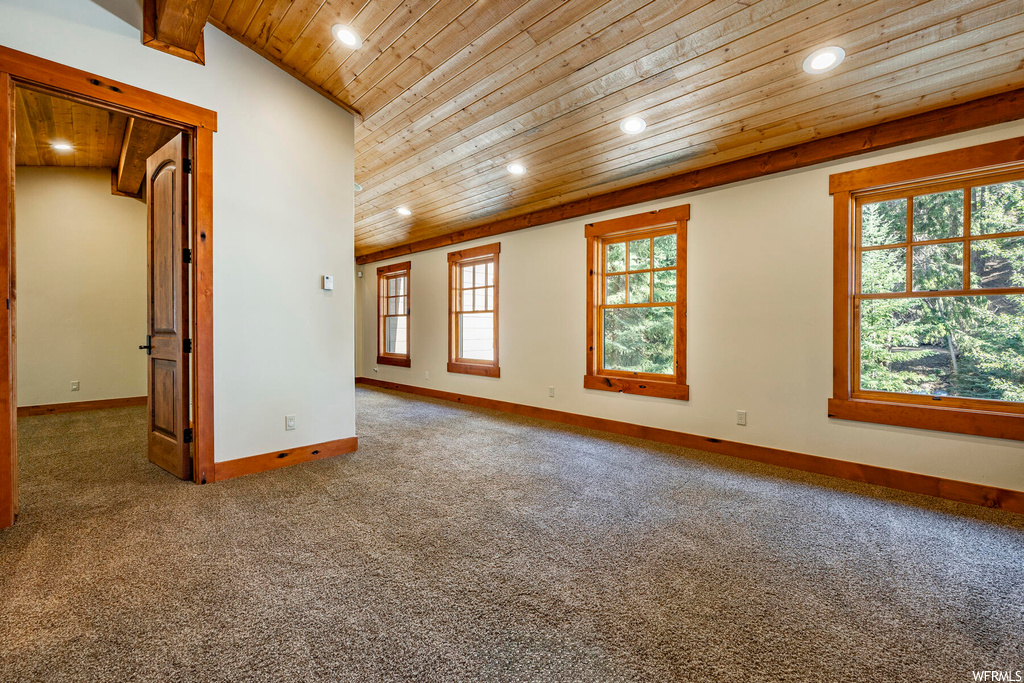Unfurnished room featuring light carpet, a healthy amount of sunlight, vaulted ceiling, and wooden ceiling
