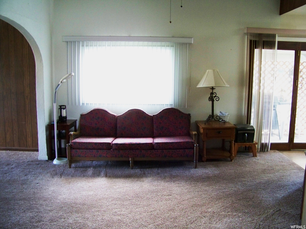 Living room with a healthy amount of sunlight and carpet flooring