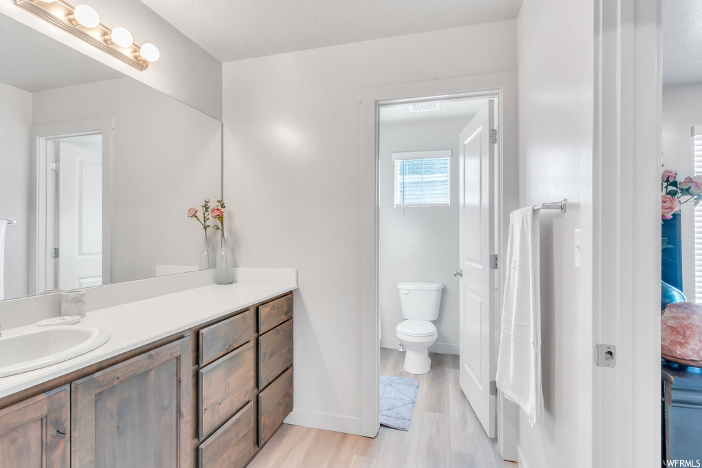 Bathroom featuring vanity, mirror, and light hardwood floors