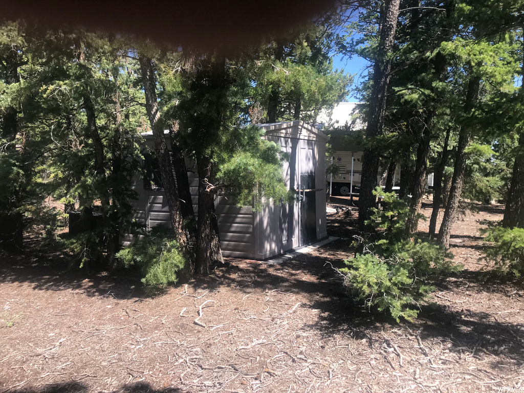 View of yard featuring a shed