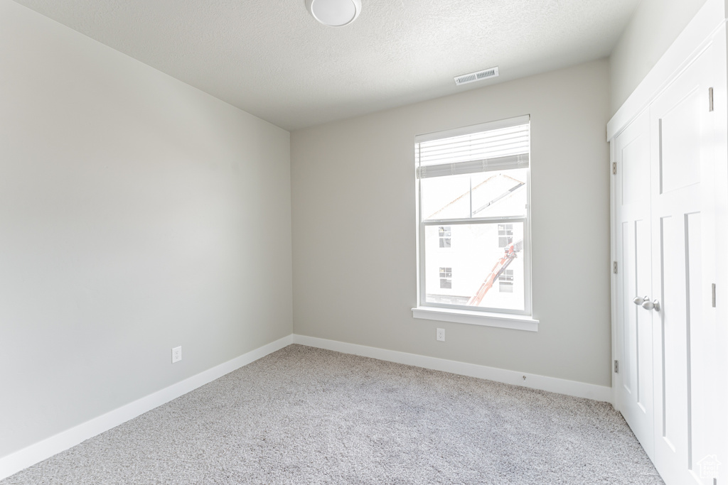 Unfurnished room featuring a healthy amount of sunlight, light carpet, and a textured ceiling