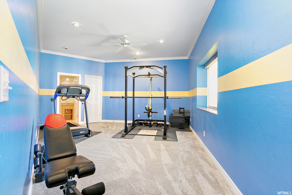 Exercise room with crown molding and light carpet