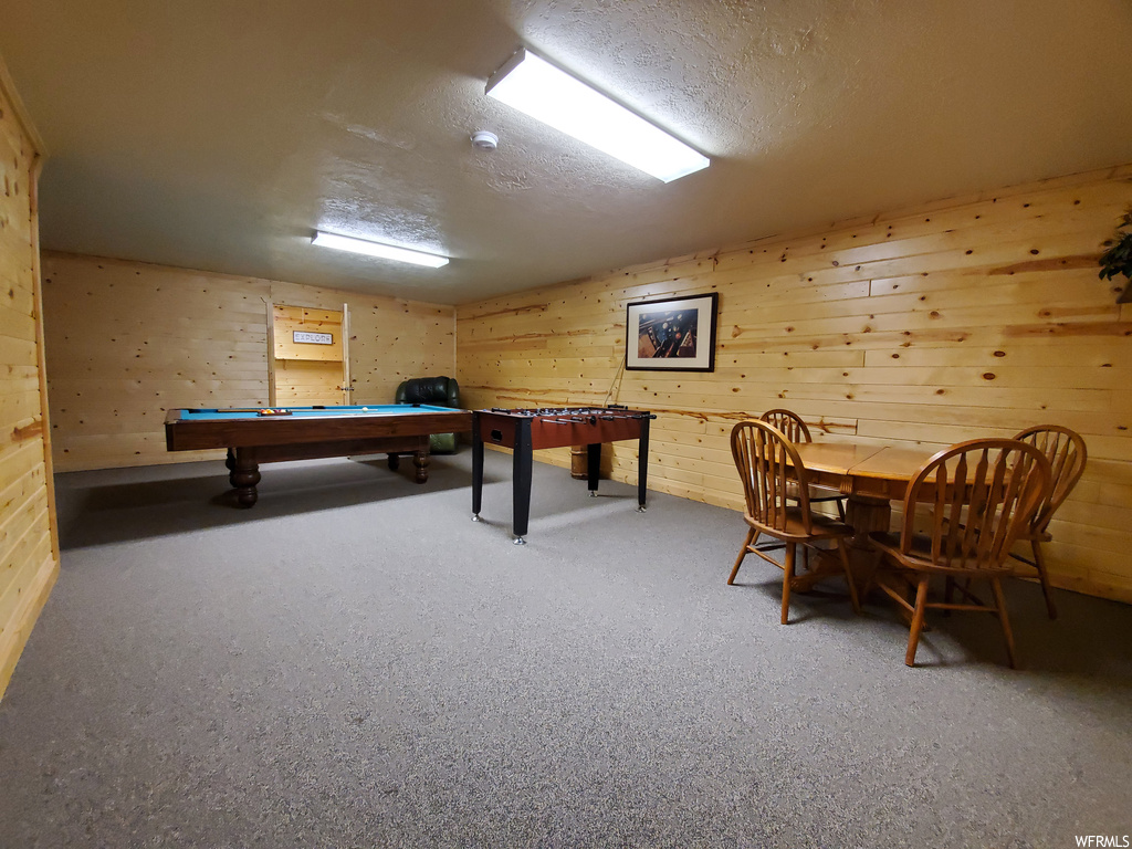 Recreation room with a textured ceiling, wooden walls, and carpet