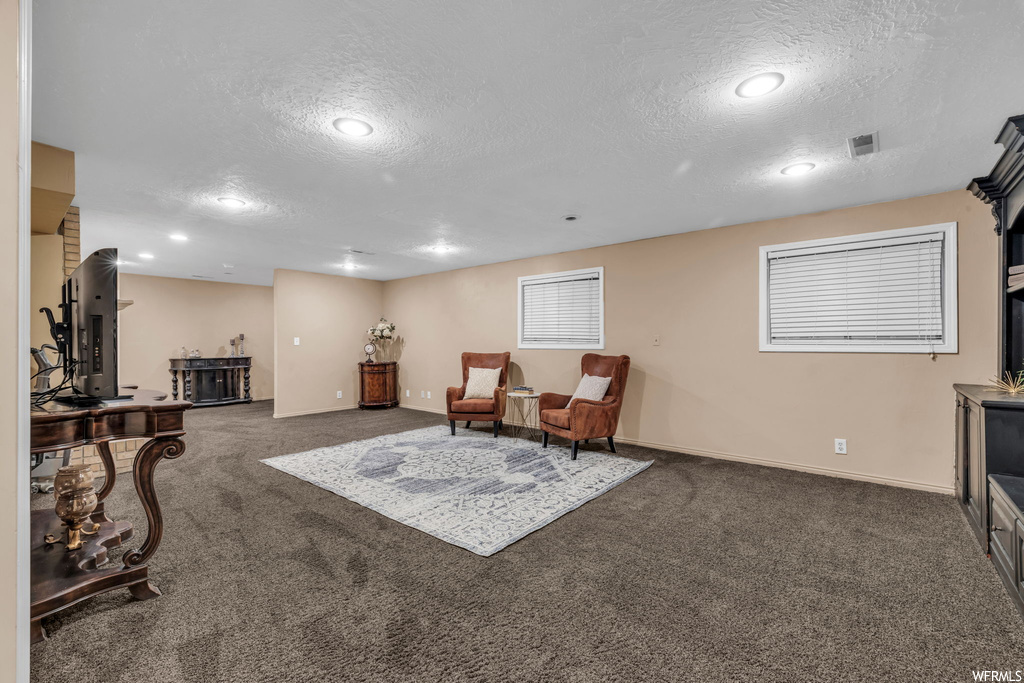 Living area featuring carpet and a textured ceiling