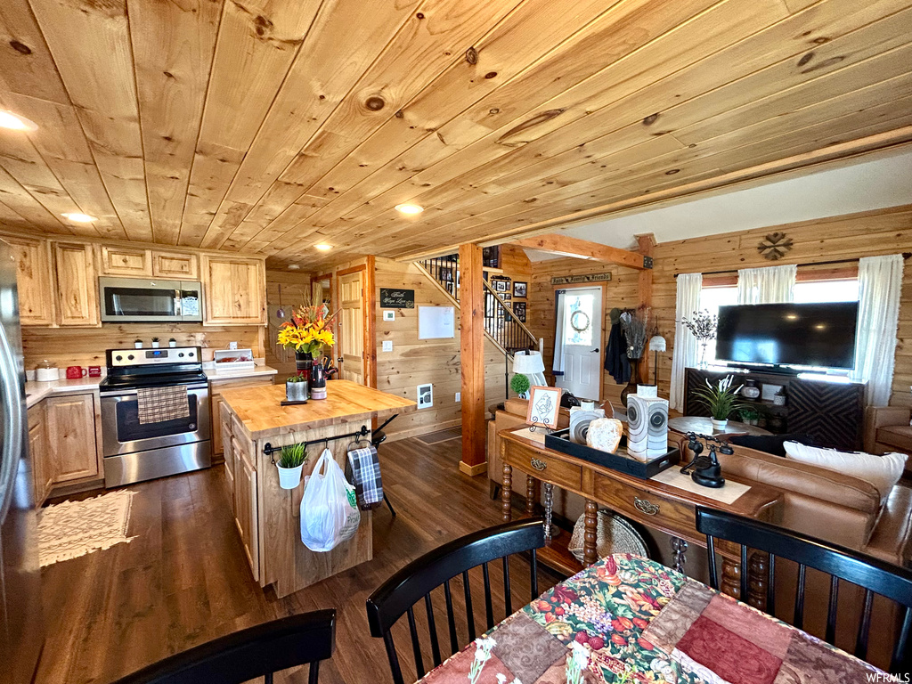 Kitchen with wood walls, wood ceiling, wood-type flooring, and appliances with stainless steel finishes