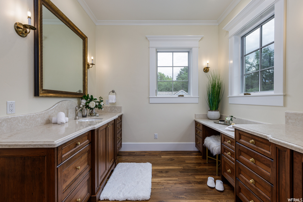 Bathroom with crown molding, dark hardwood flooring, oversized vanity, and mirror