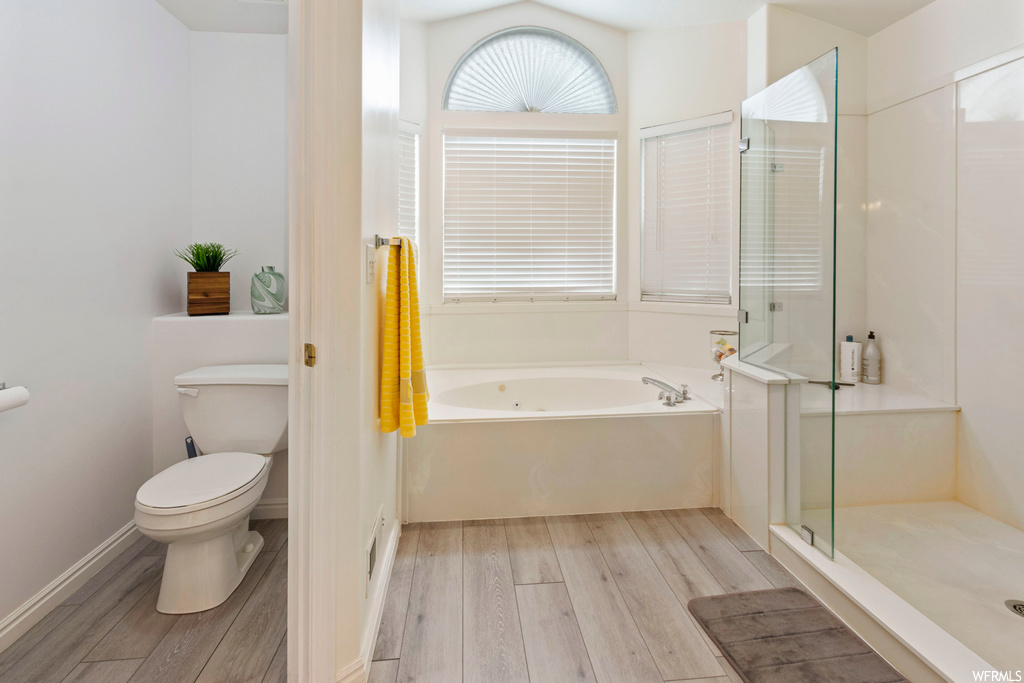 Bathroom with light hardwood floors and separate shower and tub enclosures