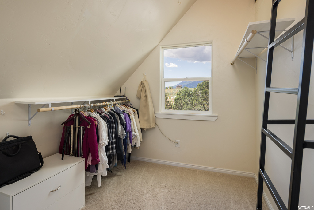 Wardrobe with light carpet and lofted ceiling