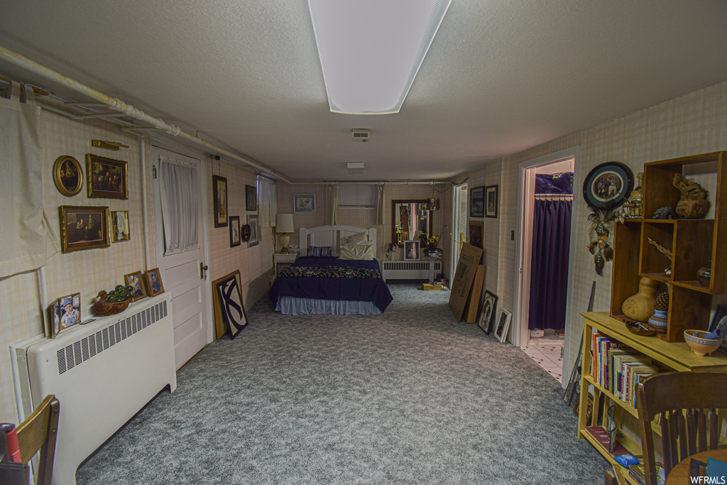 Interior space featuring light colored carpet, radiator heating unit, and a textured ceiling
