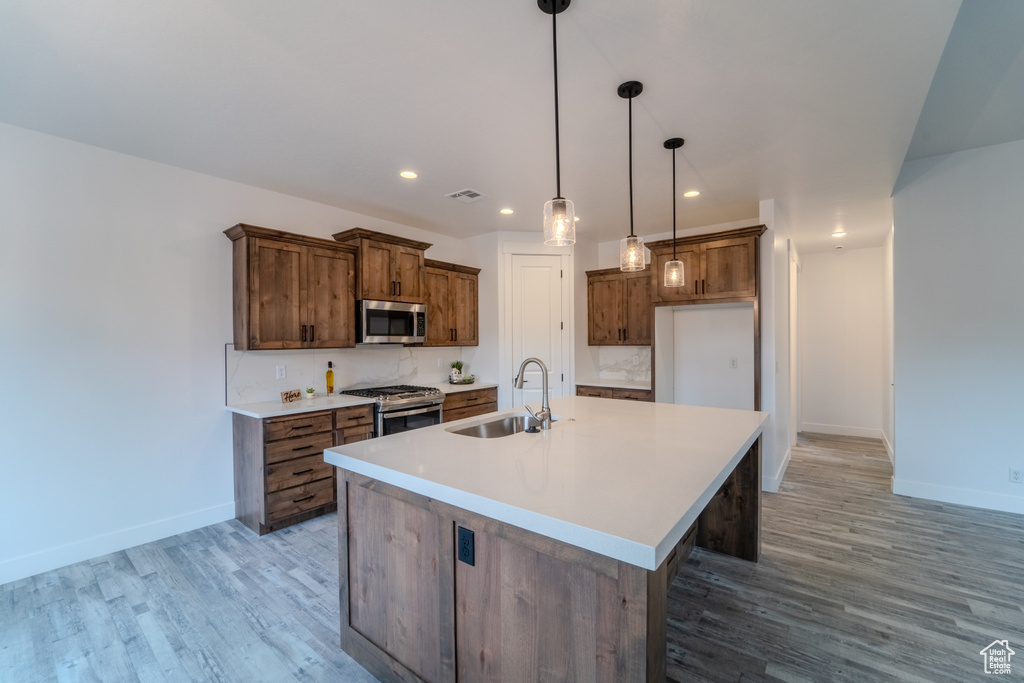 Kitchen featuring an island with sink, appliances with stainless steel finishes, light hardwood / wood-style floors, and sink
