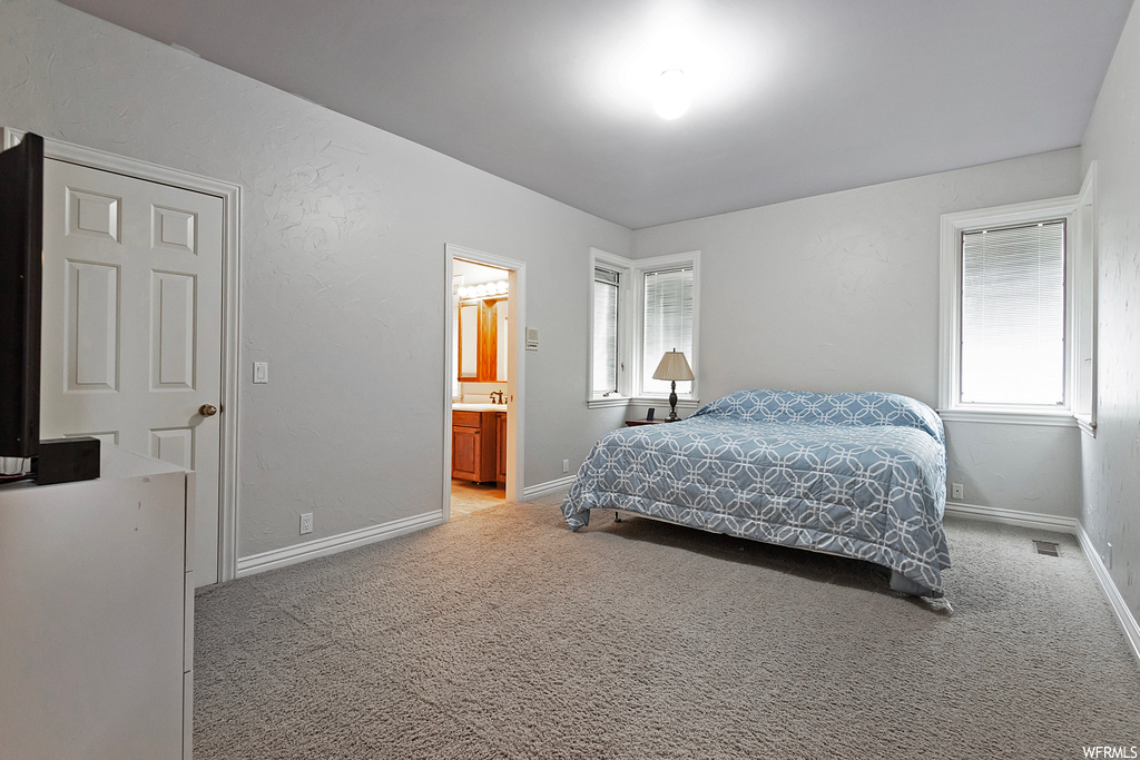 Bedroom with multiple windows and light carpet
