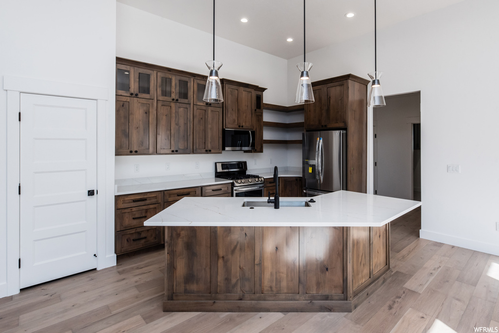 Kitchen featuring stainless steel appliances, light countertops, dark brown cabinets, and light hardwood flooring