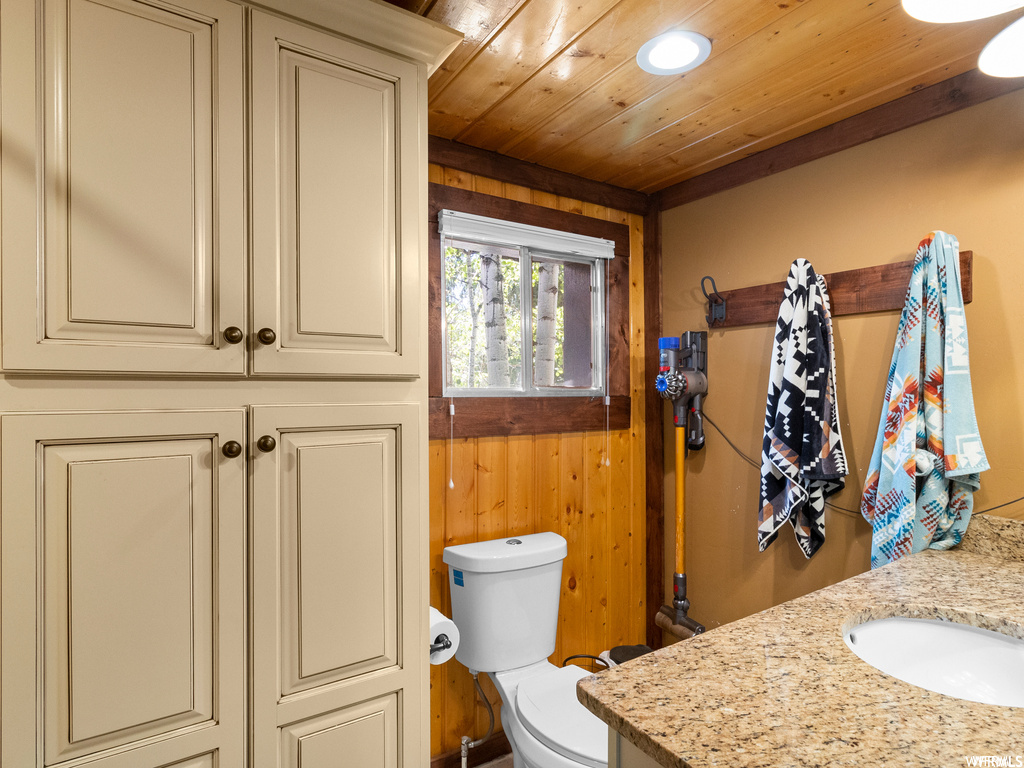 Bathroom with wood walls and vanity