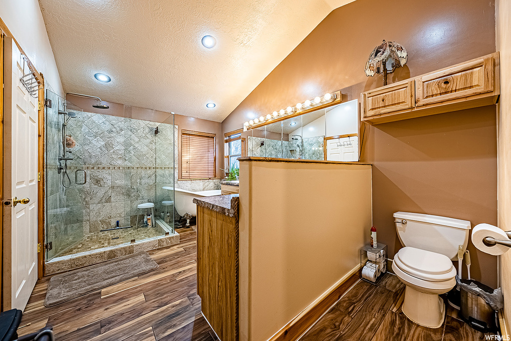 Bathroom with large vanity, hardwood flooring, a shower with door, toilet, and vaulted ceiling
