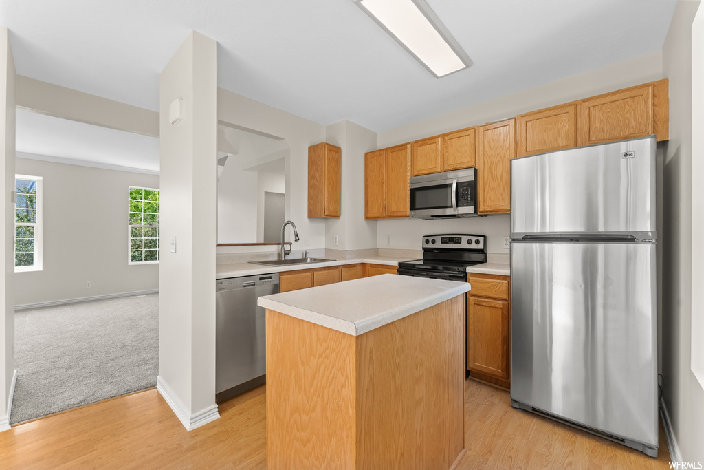 Kitchen with light carpet, light countertops, and stainless steel appliances