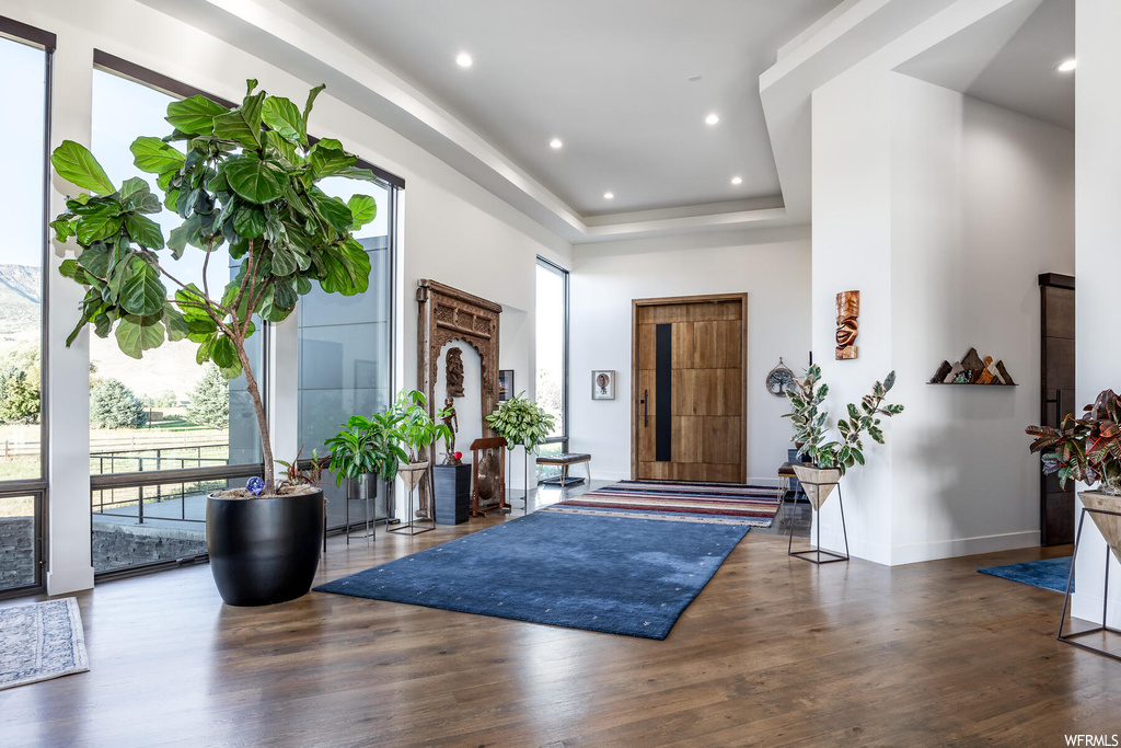Wood floored foyer featuring a tray ceiling, plenty of natural light, and a high ceiling