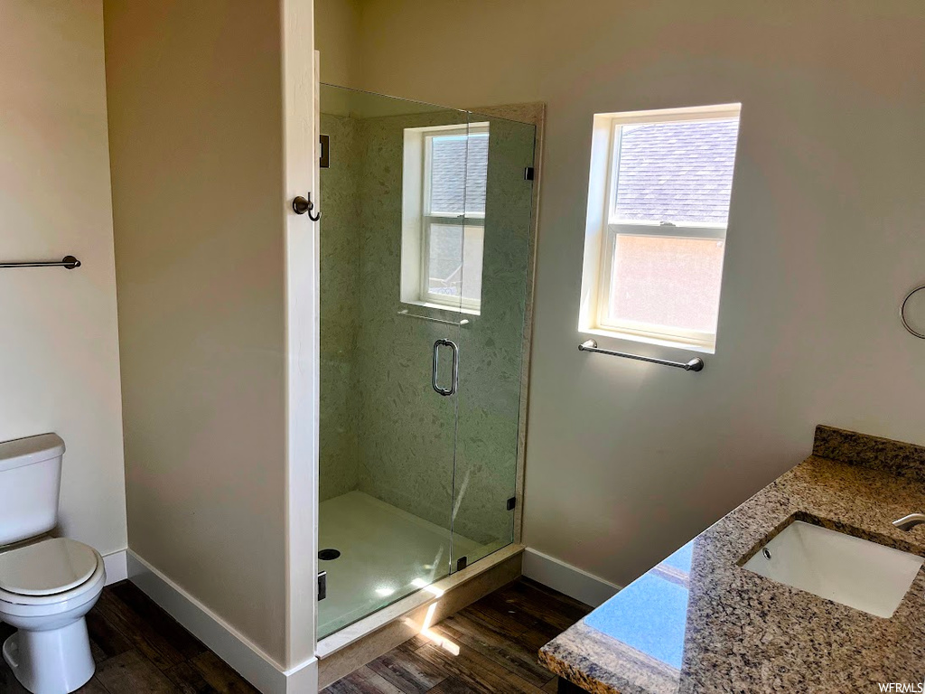 Bathroom with an enclosed shower, dark hardwood flooring, and vanity