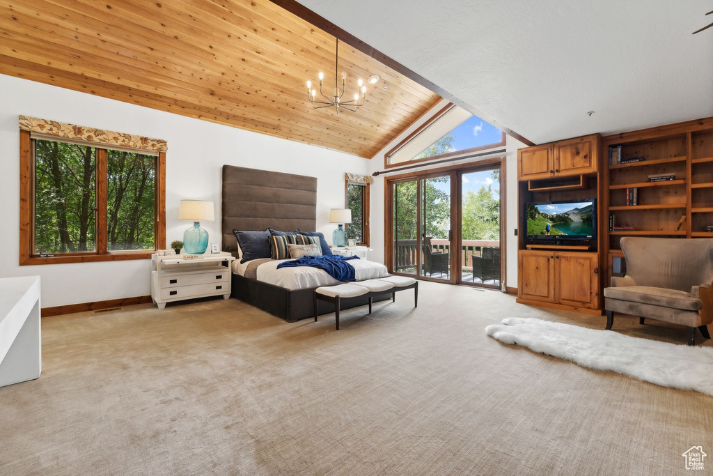 Carpeted bedroom with wooden ceiling, access to outside, high vaulted ceiling, and a chandelier