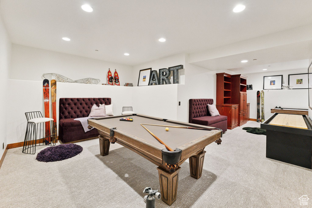 Recreation room featuring pool table and carpet flooring