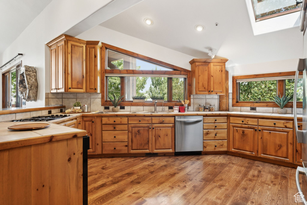 Kitchen featuring plenty of natural light, lofted ceiling with skylight, appliances with stainless steel finishes, and light hardwood / wood-style flooring