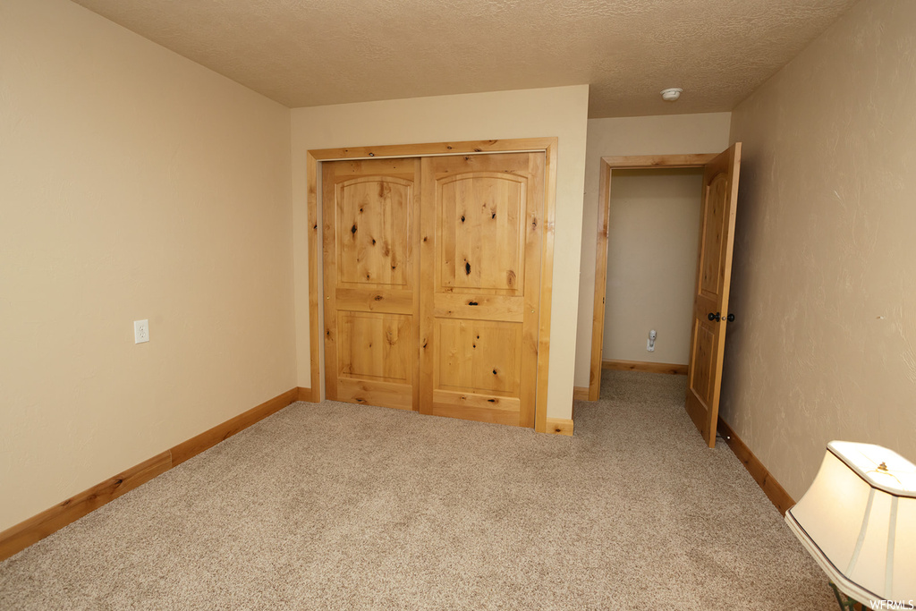 Unfurnished bedroom with light colored carpet and a textured ceiling