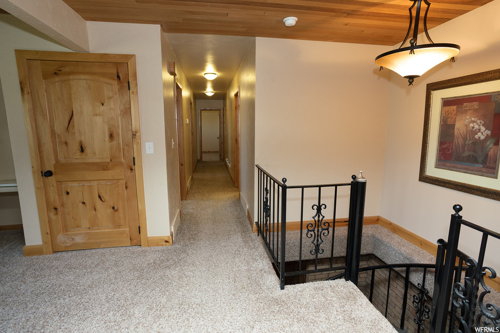 Hallway featuring carpet floors and wood ceiling
