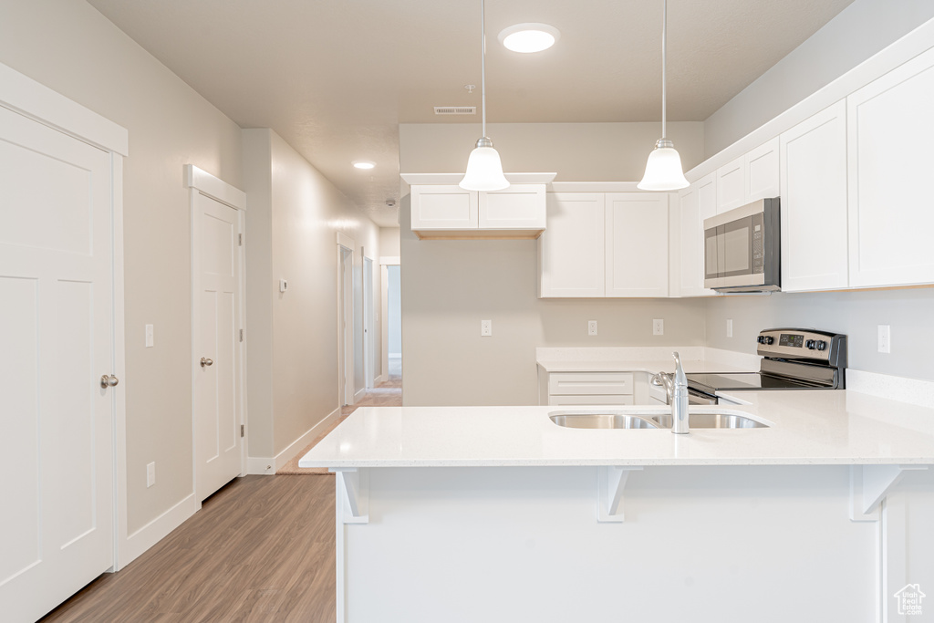 Kitchen featuring pendant lighting, light hardwood / wood-style flooring, white cabinetry, appliances with stainless steel finishes, and sink